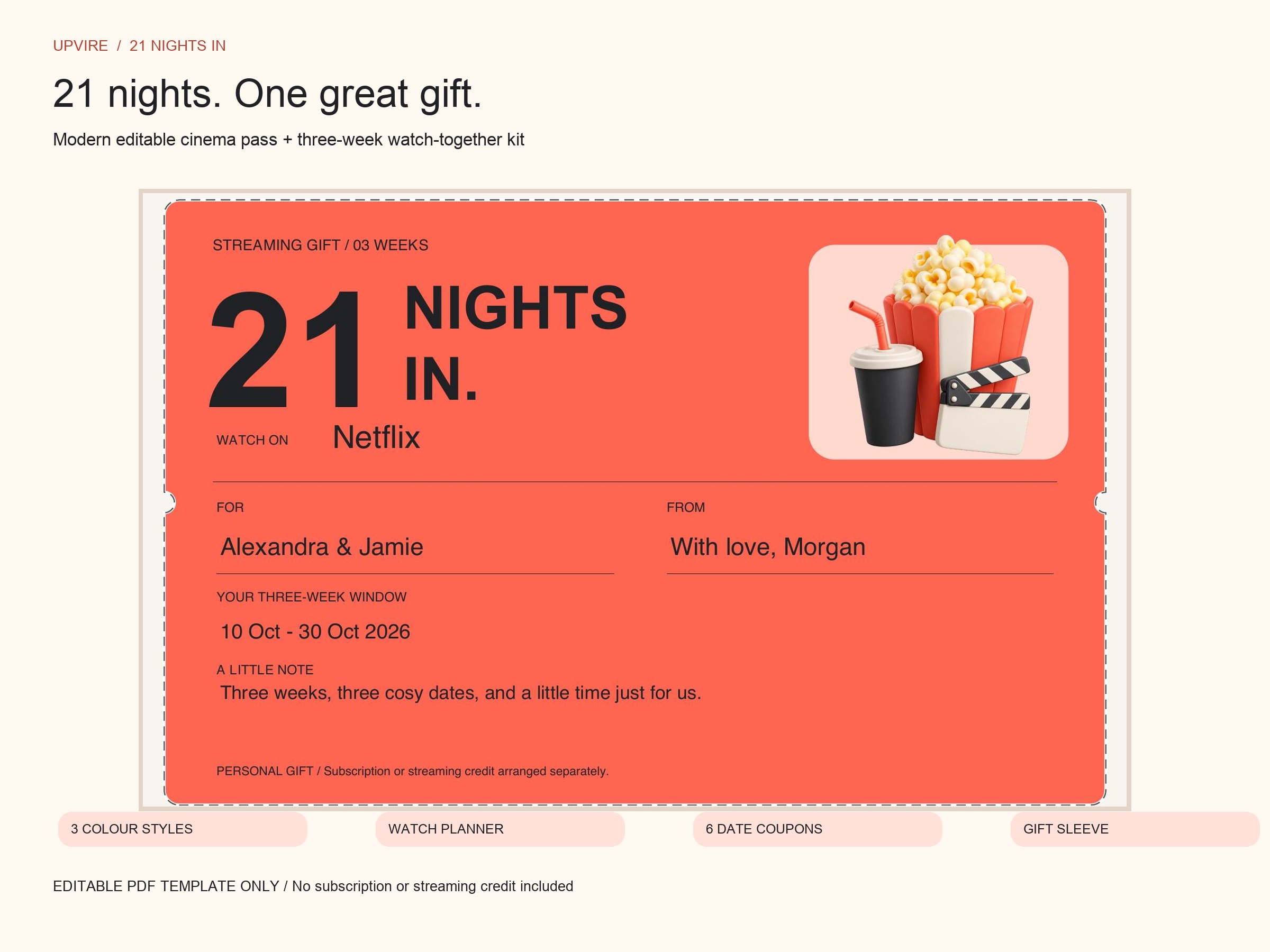 21 Nights In: Editable Movie Night Gift Card and Three-Week Kit: preview 1