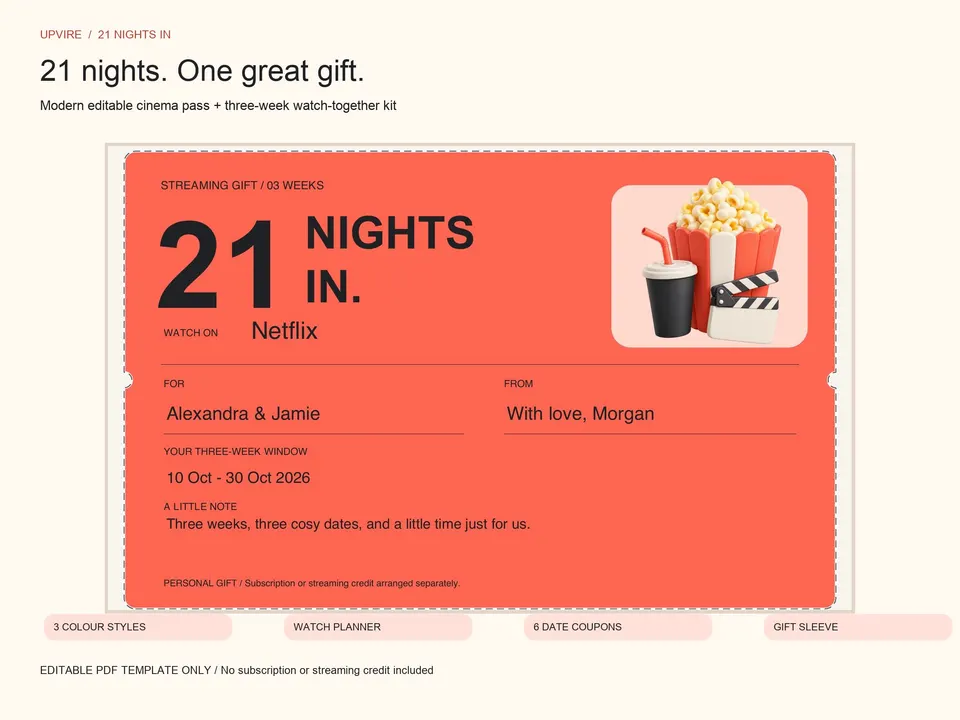 21 Nights In: Editable Movie Night Gift Card and Three-Week Kit: preview 1