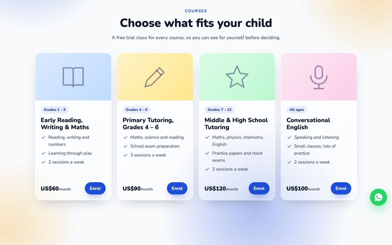 Four programmes with fees and Enrol buttons.