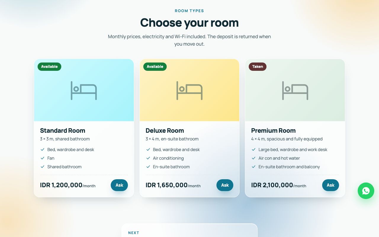 Three room types with prices and available or full status.