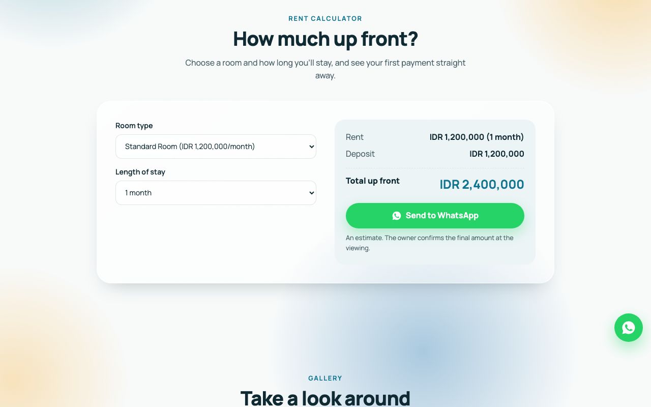Rent calculator with the upfront total.