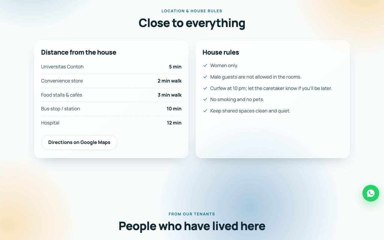 Distances to key places and house rules.