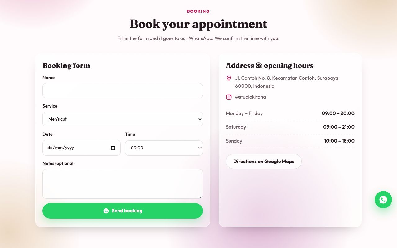 Booking form and opening hours.
