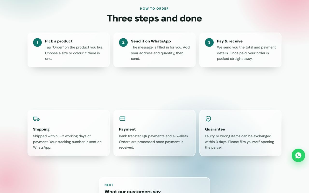 Three how-to-order steps and shipping info.