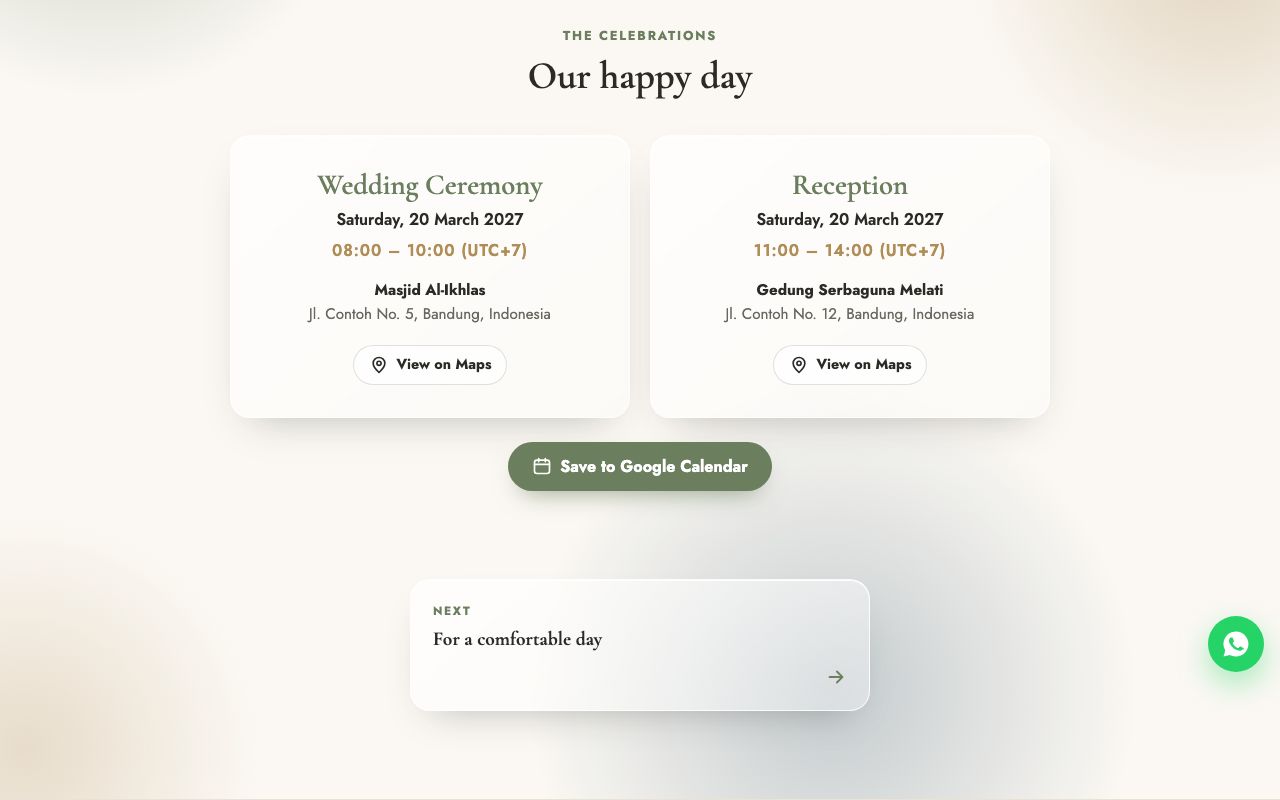 Ceremony and reception schedule with Google Maps and calendar buttons.