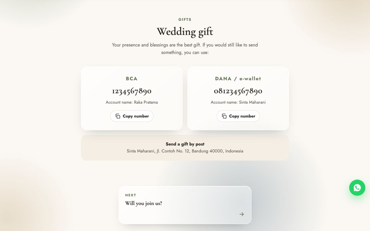 Digital gift envelope with account number and copy button.