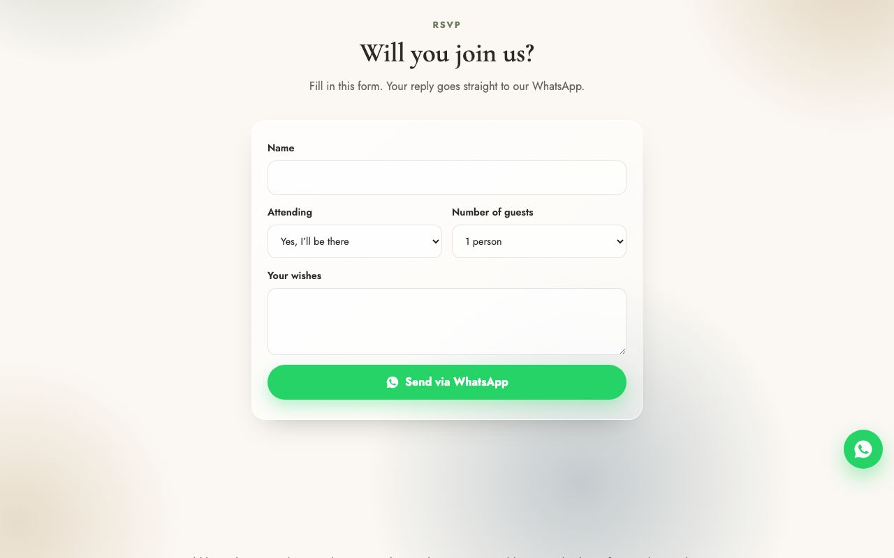 RSVP form for confirming attendance on WhatsApp.